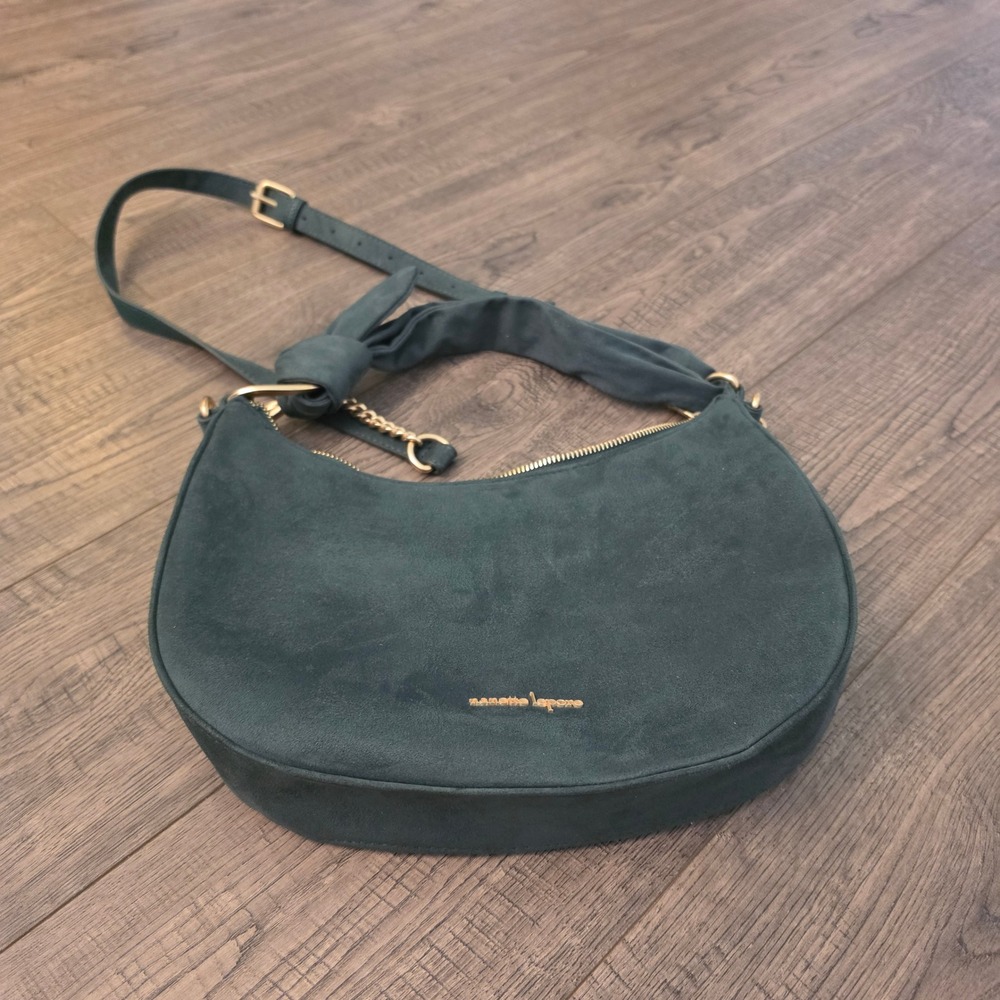 Nanette Lepore Teal Faux Suede Hobo Crossbody Bag with Knot Handle Gold Hardware - Picture 3 of 9